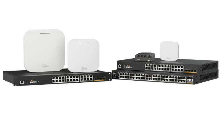 Multiple Peplink rackmount network switches featuring high-density ethernet ports, shown alongside two white square Peplink Wi-Fi access points.