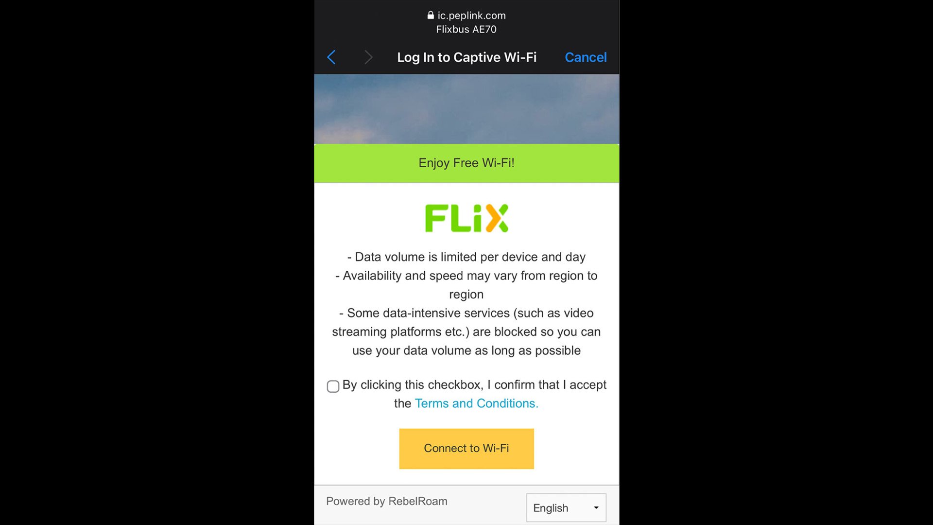 Flix captive portal login page on a smartphone, where passengers accept the terms before connecting to onboard Wi-Fi.