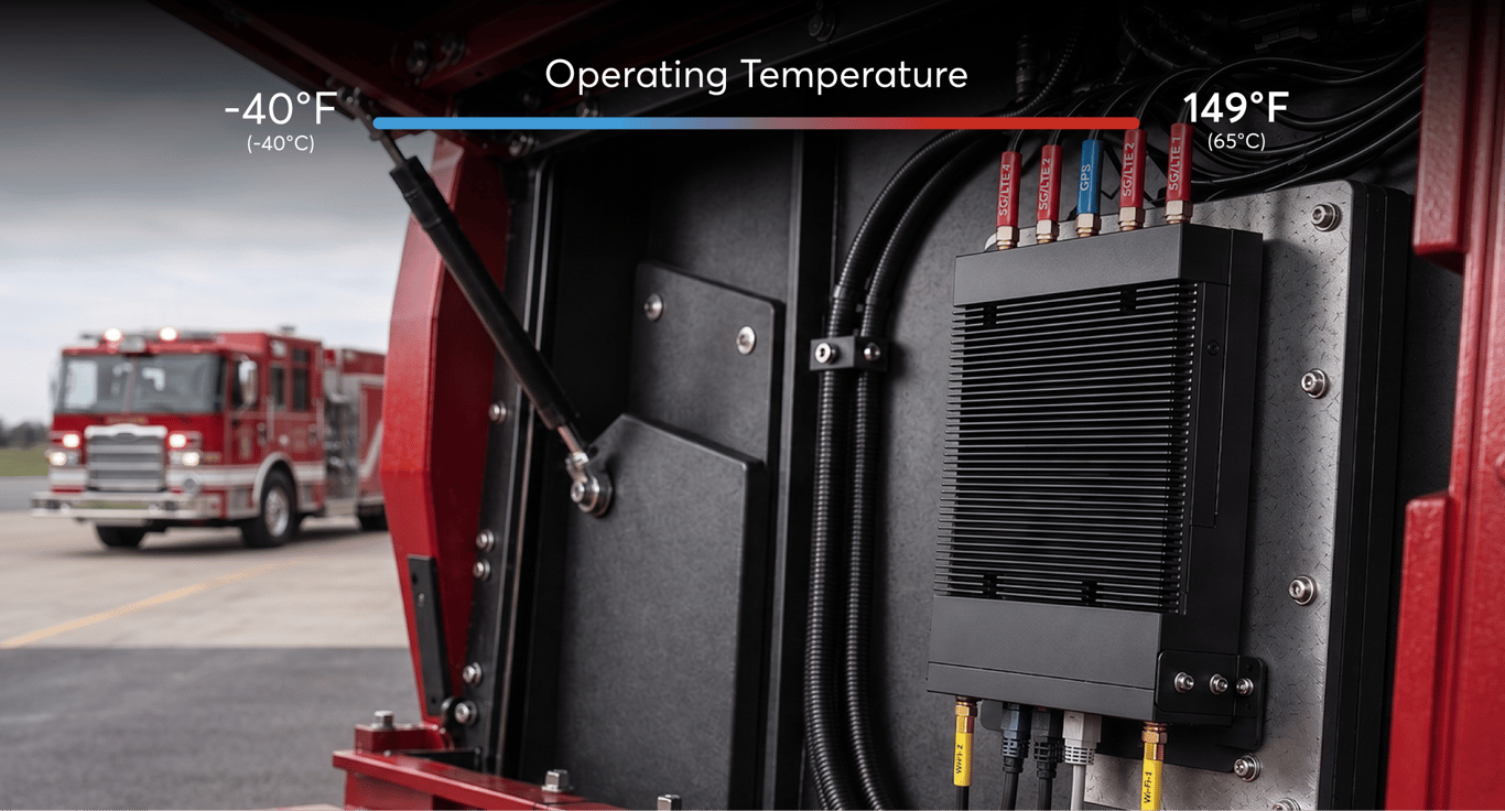 Peplink Balance 310 5G router mounted inside a vehicle for rugged operation in temperatures from -40°F to 149°F (-40°C to 65°C)