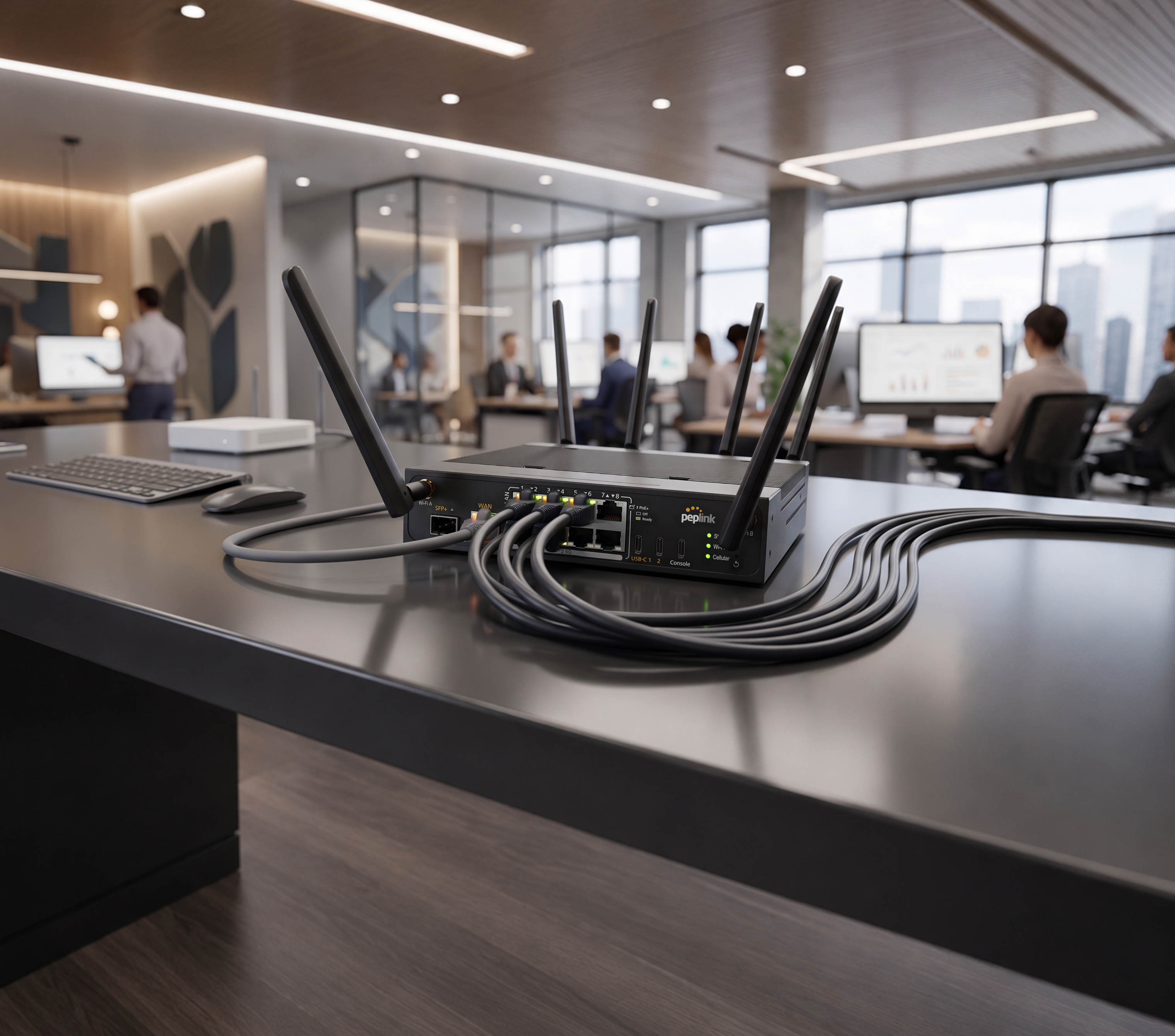 Peplink Balance 310 5G router with cables connected on a table in an office environment