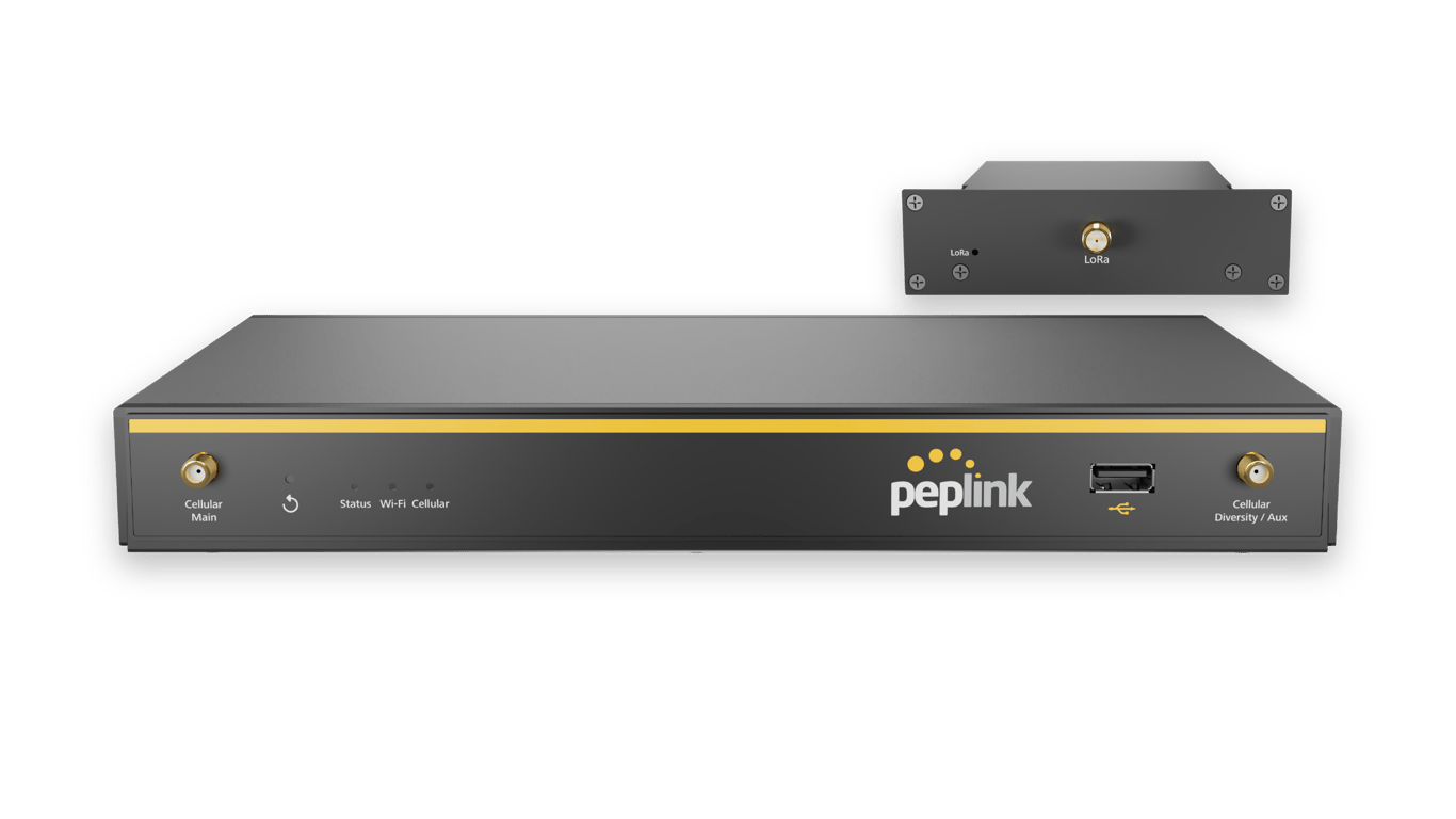 Front view of the Peplink Balance 20X with FlexModule Mini LoRaWAN router. 
