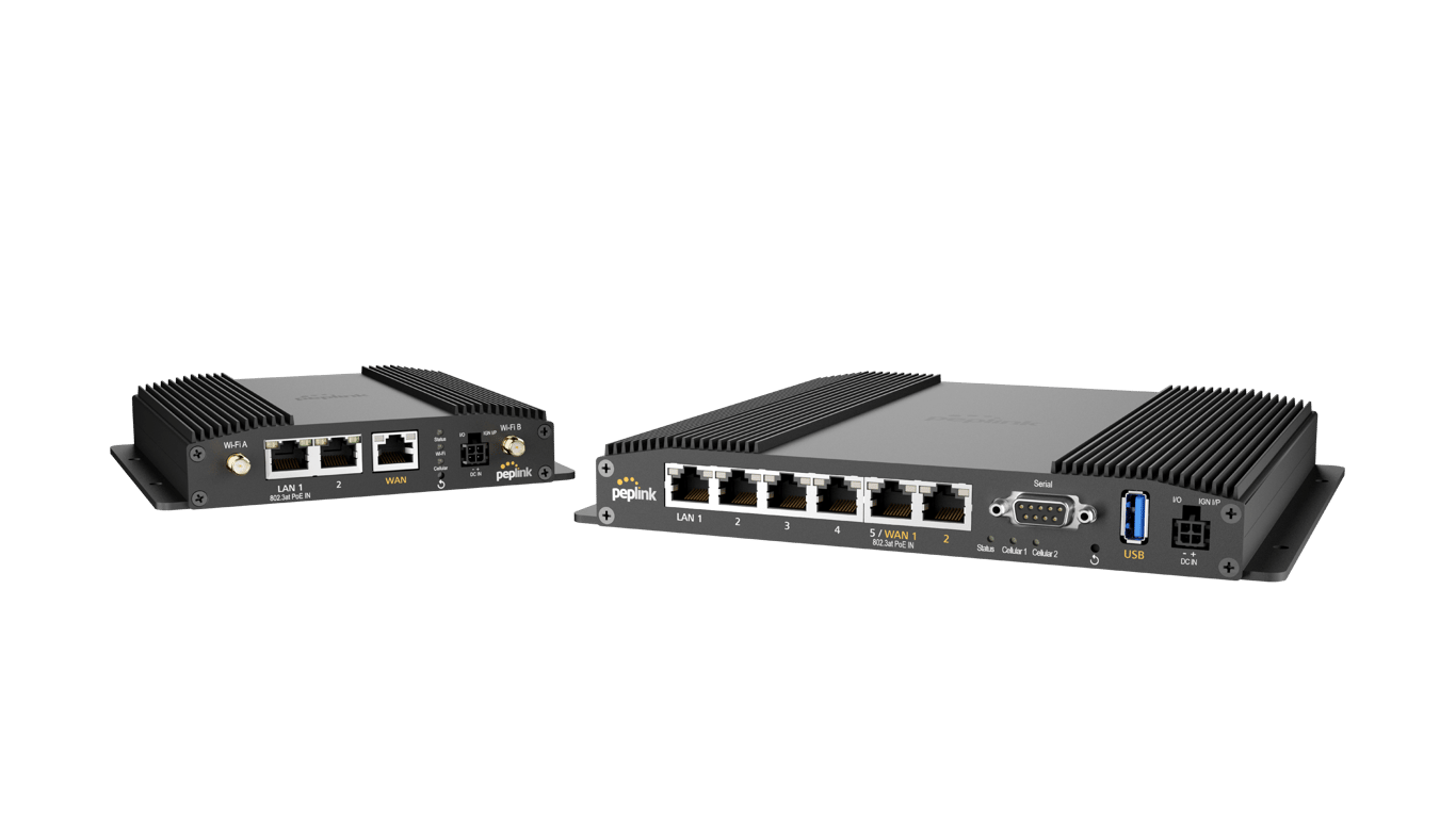 Front view of the Peplink MAX BR1 Pro 5G (5GK) and BR2 Pro (5GK) cellular routers.