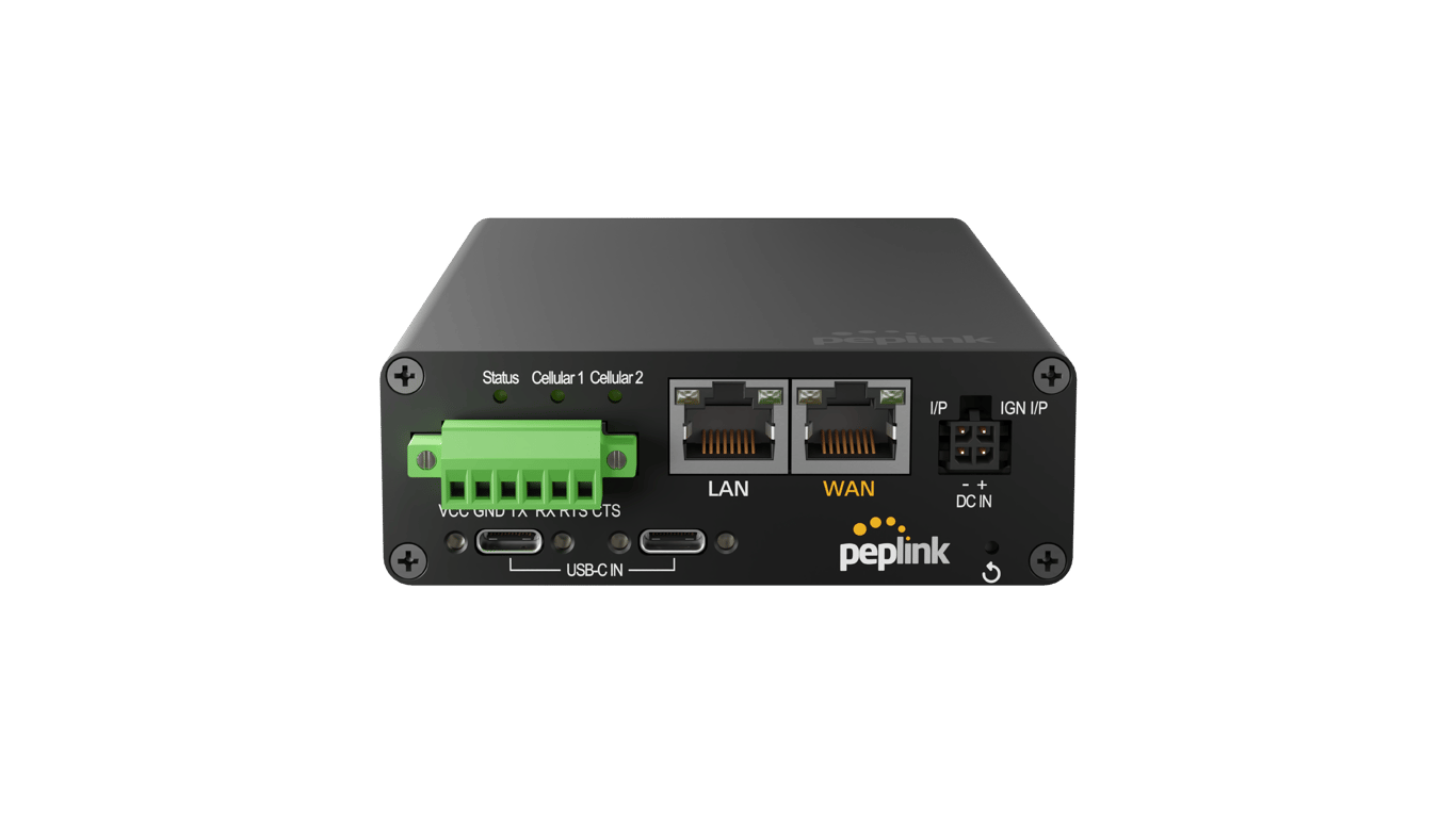 Front view of the Peplink MAX Transit Duo Pro router.