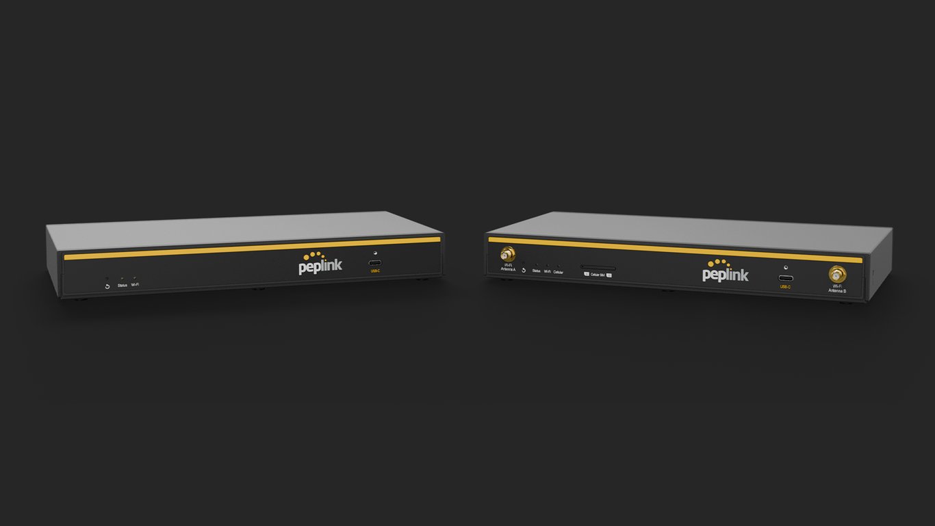 Stacked compact Peplink routers beside a wider router with multiple ethernet ports.