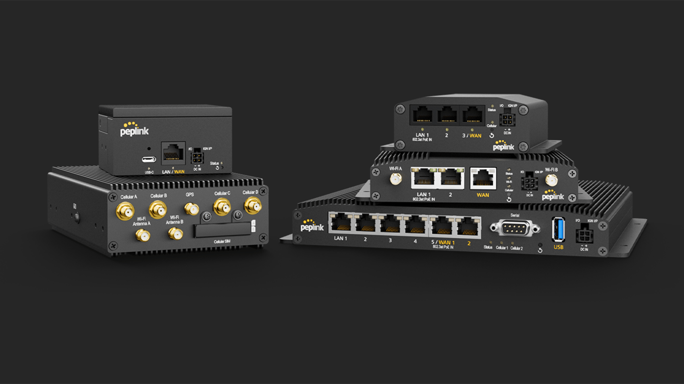 Two flat Peplink mobile routers shown from front and side angles.