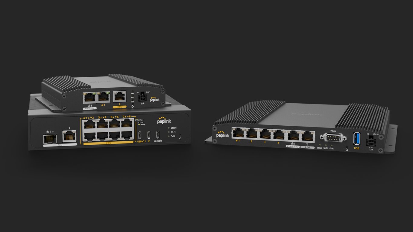 Peplink satellite dome antenna, GPS mast and multi-orbit router units.