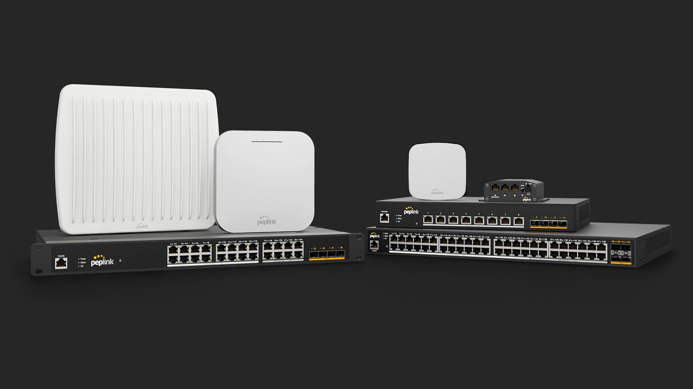 Peplink wireless access points and rack-mount PoE switches.