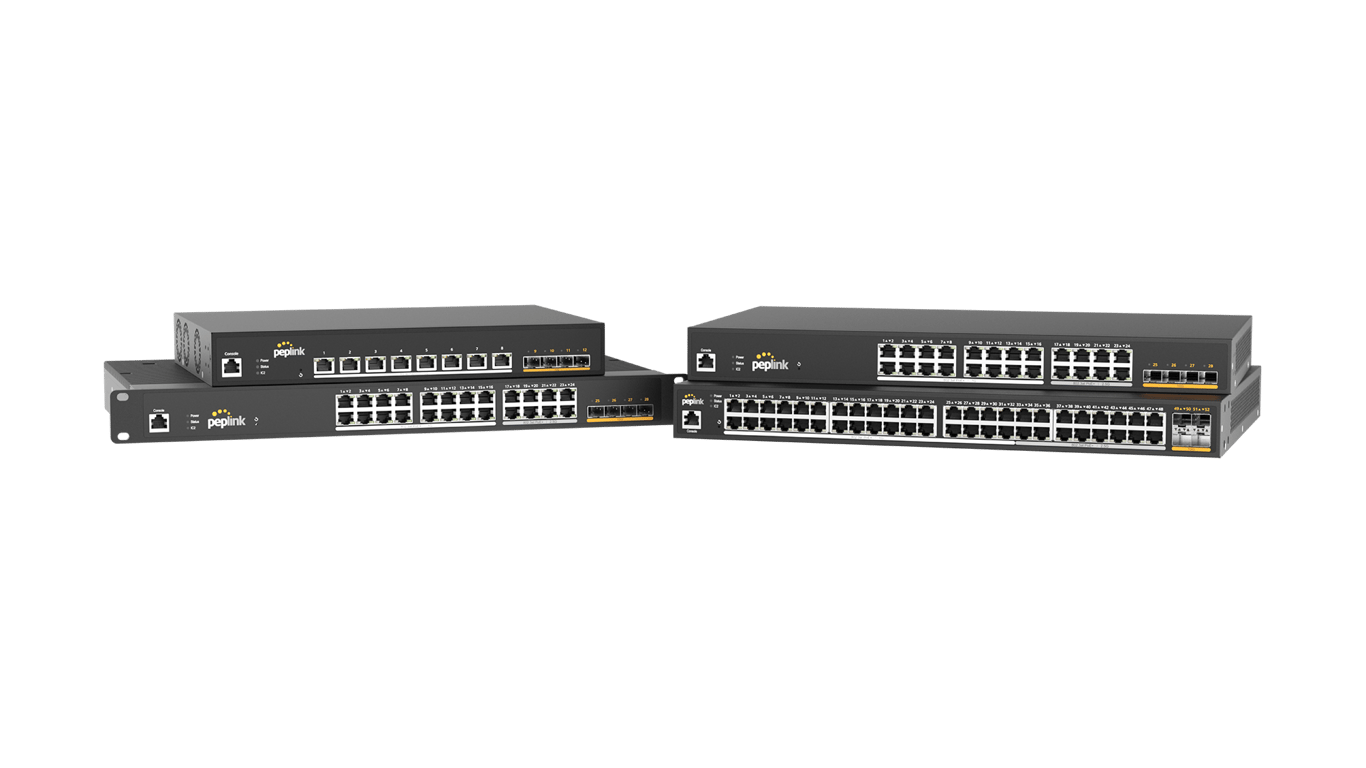 Front view of the Peplink Switch Series PoE managed switches.