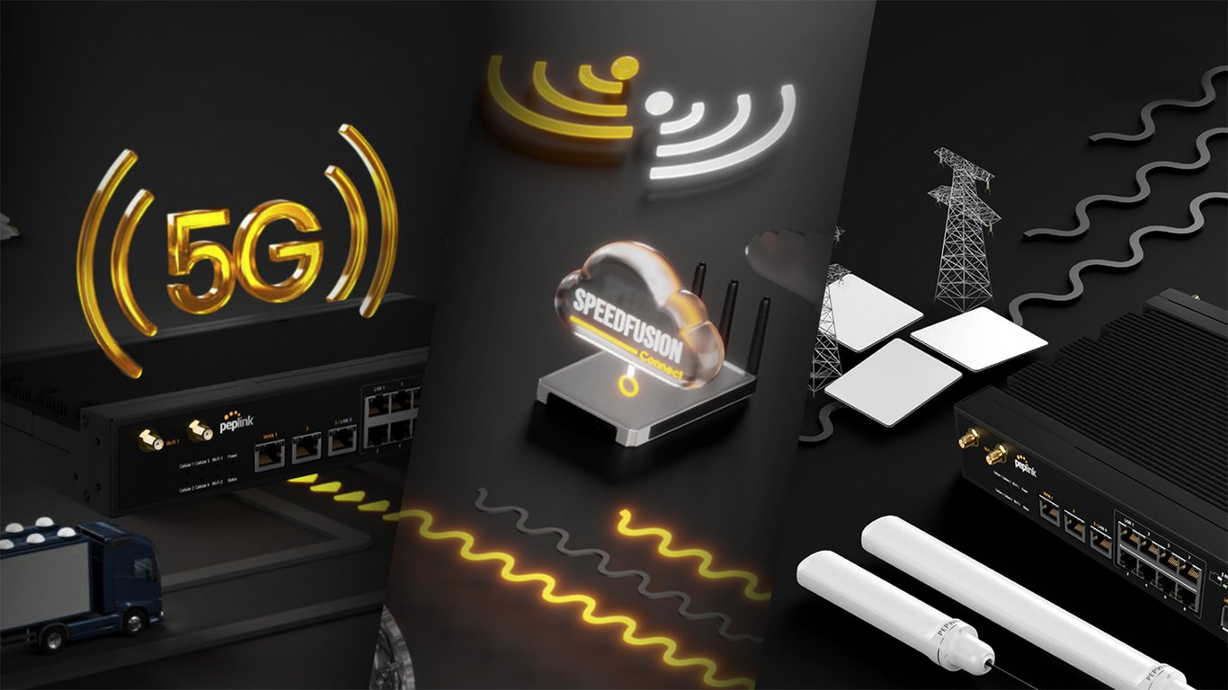 Graphic featuring Peplink routers, antennas, technologies, and icons
