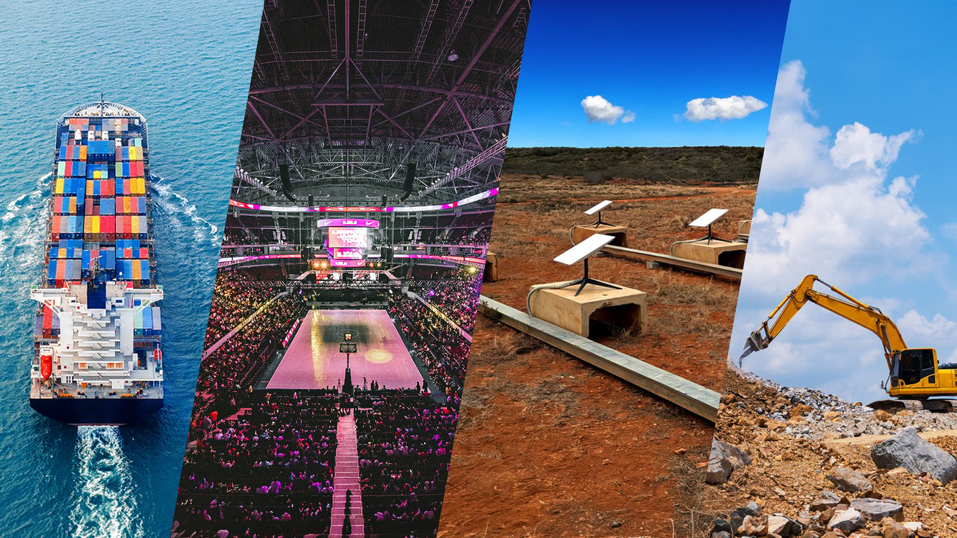 Collage representing industries served by Peplink: maritime, broadcasting, Starlink, and remote operations