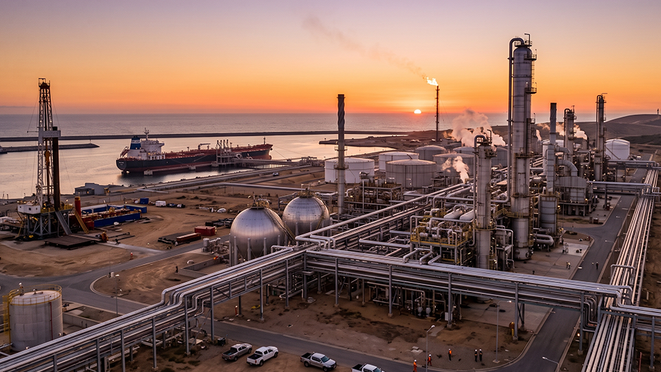 Oil and gas refinery at sunset with pipelines and storage tanks.