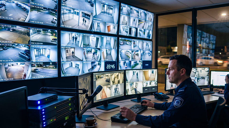 Security officer monitoring a wall of camera surveillance feeds in a control room.