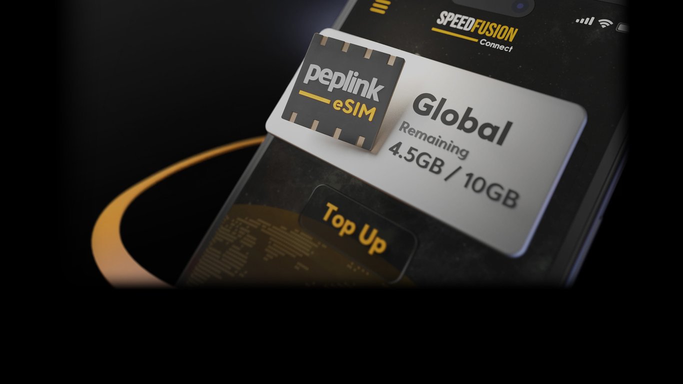 Peplink eSIM card showing global data plan with SpeedFusion Connect branding.