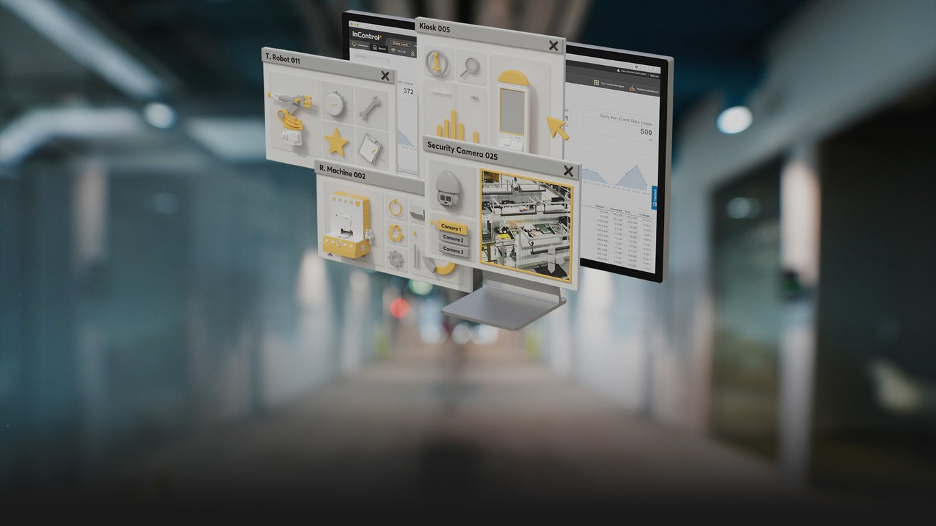 Peplink InTouch remote access interface showing IoT device and industrial equipment management panels.