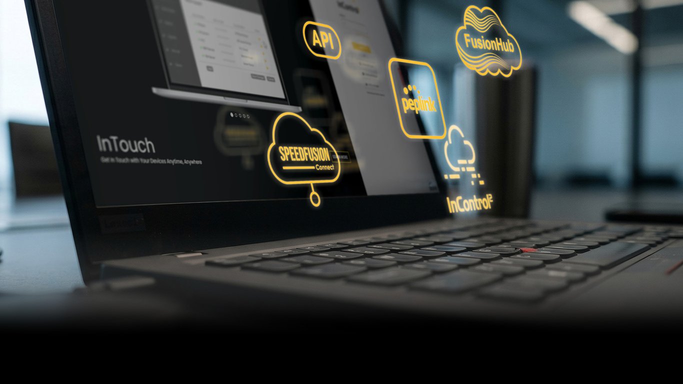 Laptop displaying Peplink software ecosystem including SpeedFusion Connect, InControl, FusionHub and InTouch icons.
