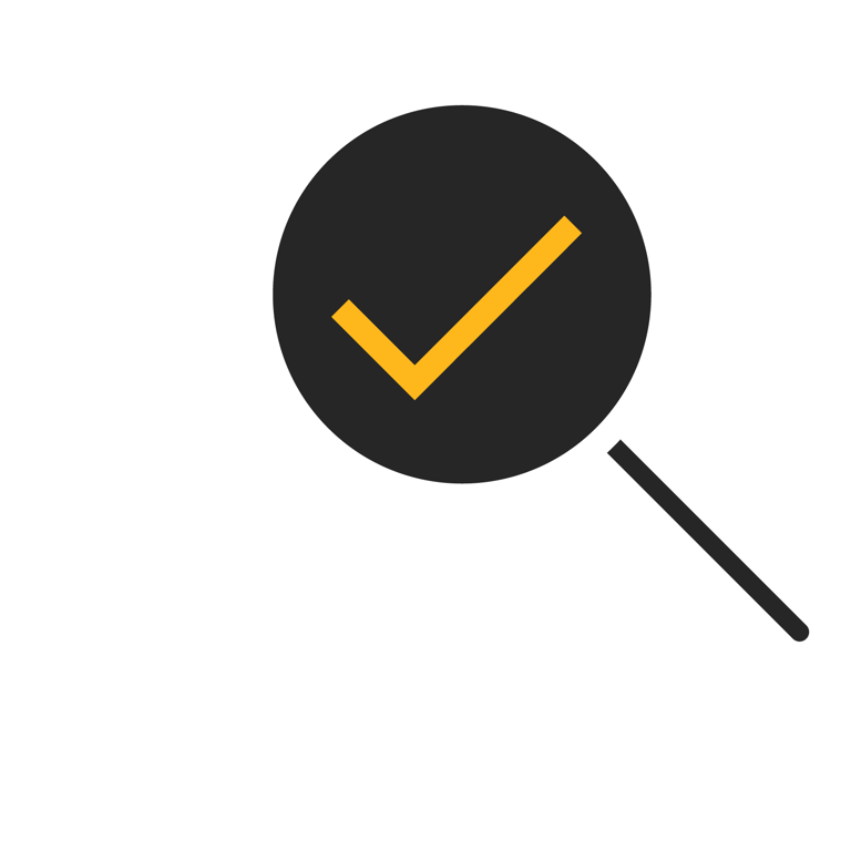 Icon of a declining bar chart with a magnifying glass and checkmark, representing verified data insights.