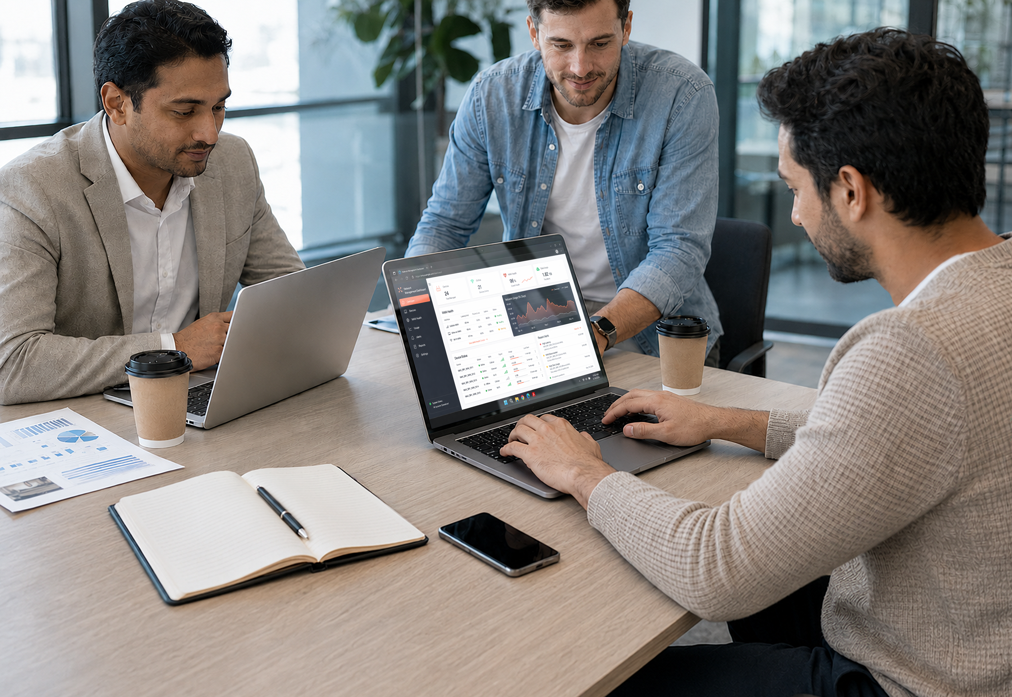 Team reviewing network dashboards on laptops in an office meeting, captioned Enterprise IT, full infrastructure visibility, no extra tools.