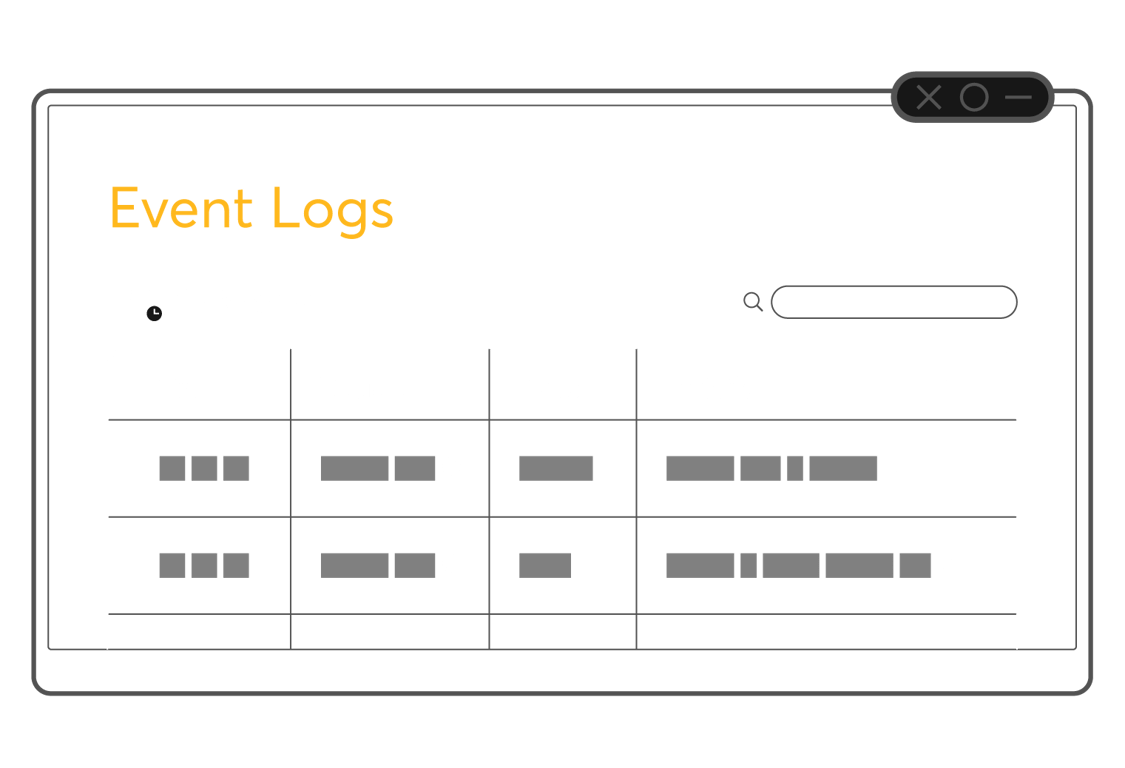 Event Logs interface showing time, device, type, and detail columns.