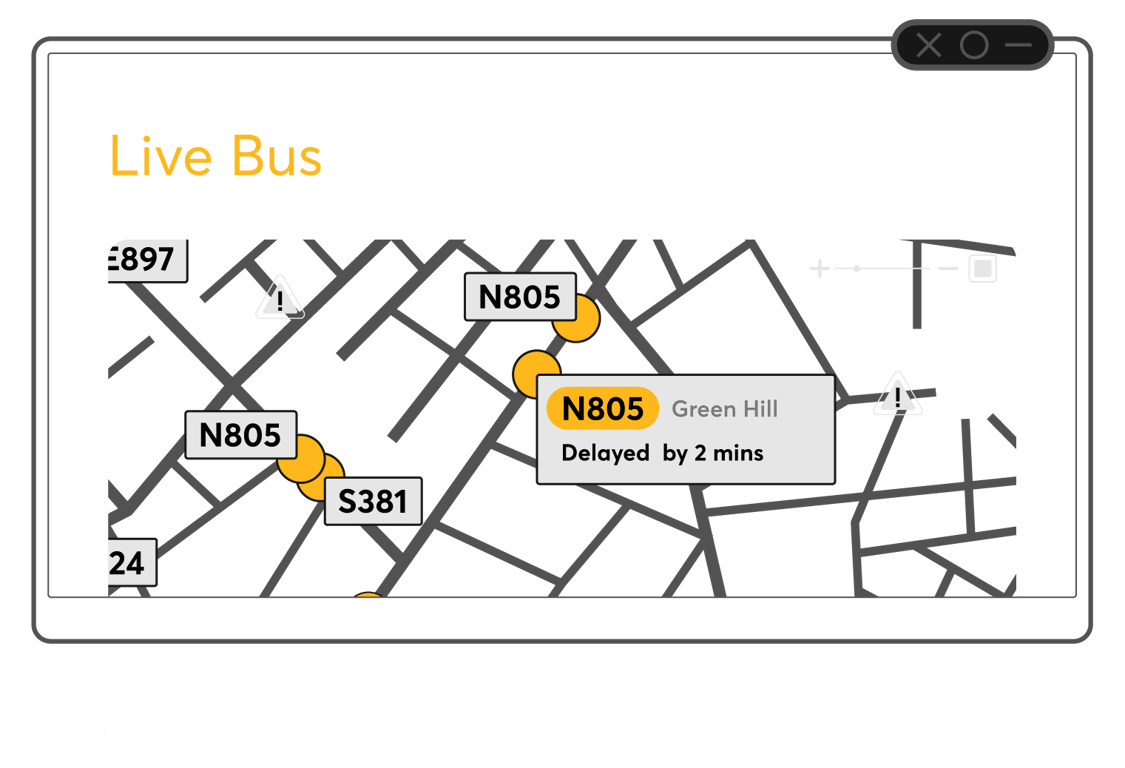 Live Bus tracking interface showing real time bus locations and a delay alert on a map.