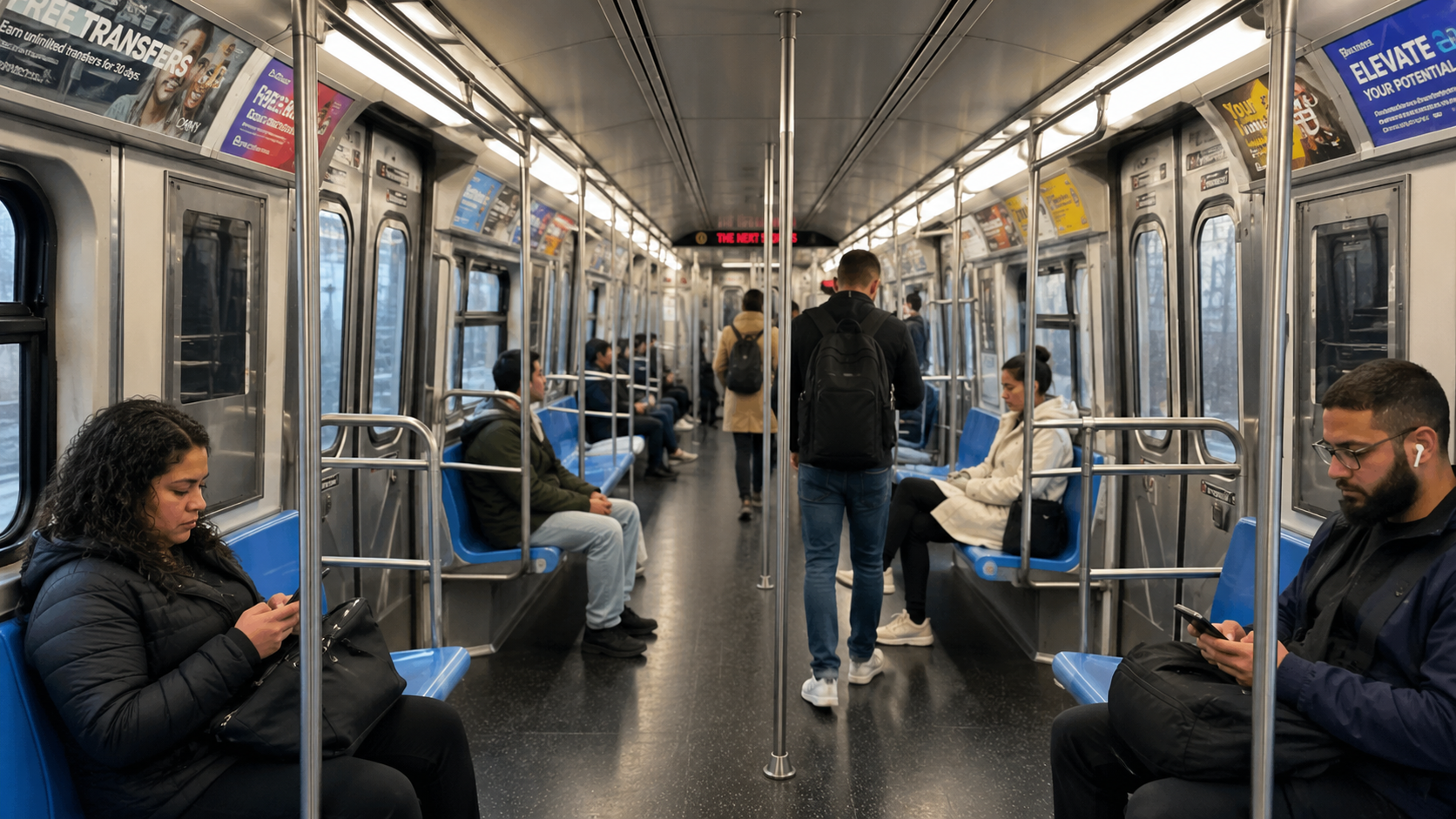 Passengers riding a public transit train, captioned Public Safety and Transportation.