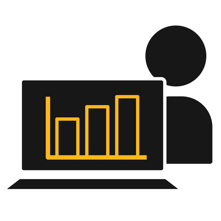 Icon of a person beside a laptop showing a bar chart, representing self service data access.
