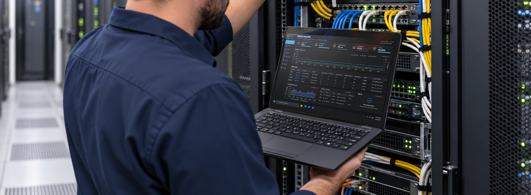 Network technician checking WAN health on a tablet in a server room.