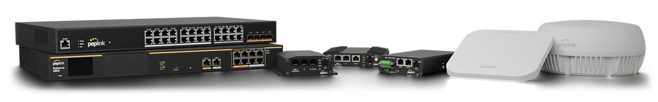 Peplink enterprise product lineup including routers, switches and Wi-Fi access points.