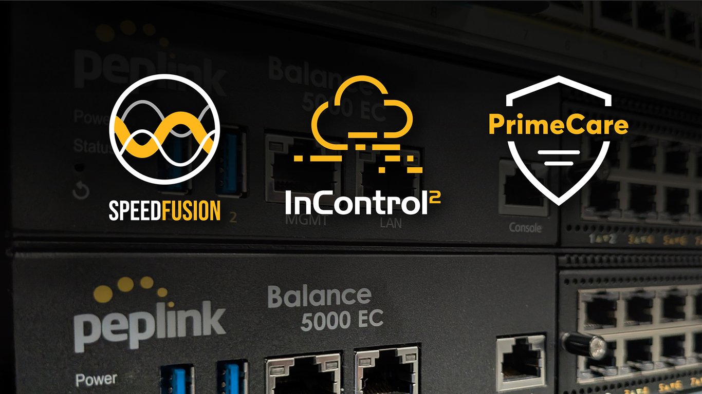 Peplink Balance 5000 EC router with SpeedFusion, InControl, and PrimeCare branding representing the MSP solution platform.