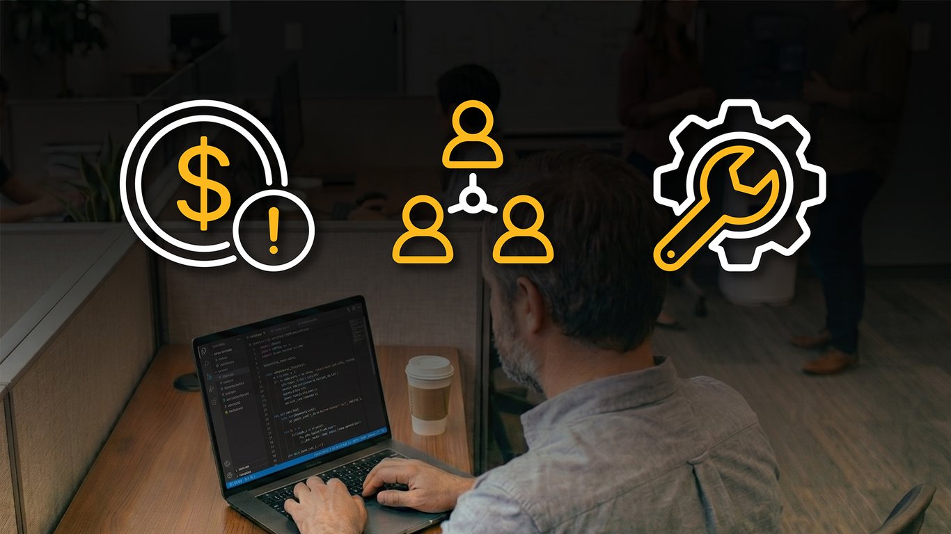 IT technician working at a laptop with icons representing MSP challenges including cost pressure, team management, and technical complexity.