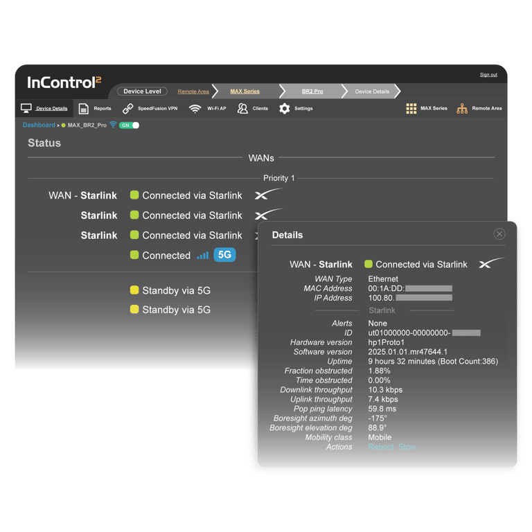 Peplink InControl dashboard displaying real-time status, signal strength, and health of multiple Starlink WAN connections.