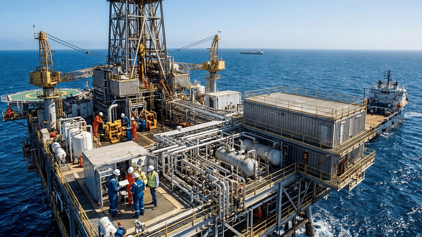 Offshore oil and gas platform using Starlink and Peplink bonded connectivity for SCADA monitoring and critical operations.