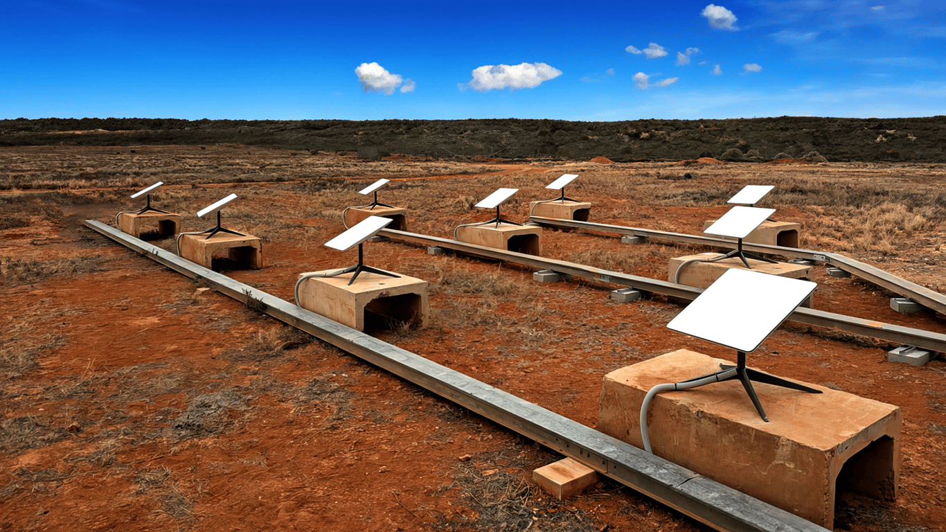 Multiple Starlinks deployed across an open desert mining site in Australia, bonded using Peplink SpeedFusion.