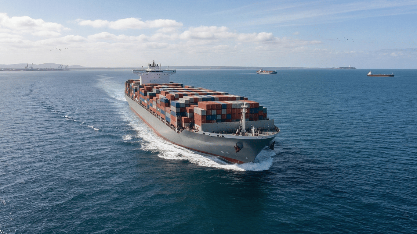 Commercial container ship at sea using Starlink and Peplink bonded connectivity for maritime internet.
