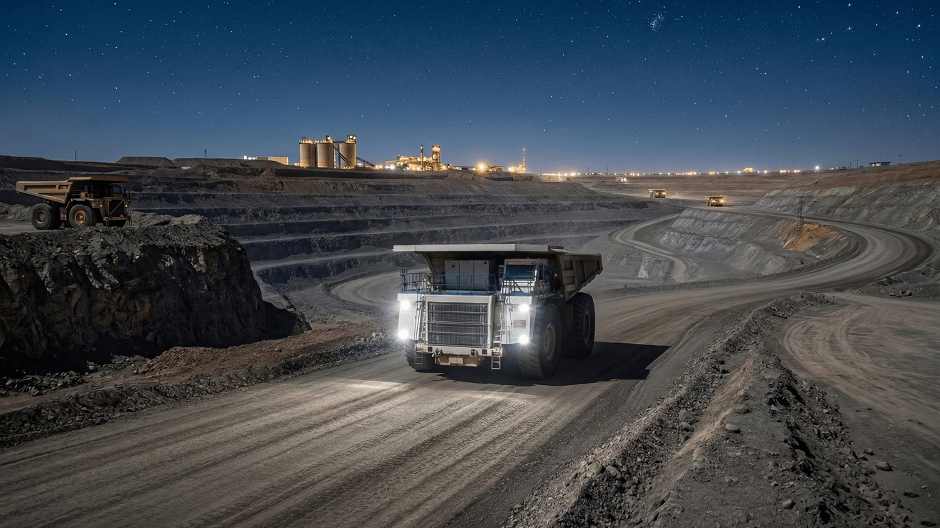 Open-pit mining site with haul trucks connected via Starlink and Peplink bonded connectivity for remote operations.