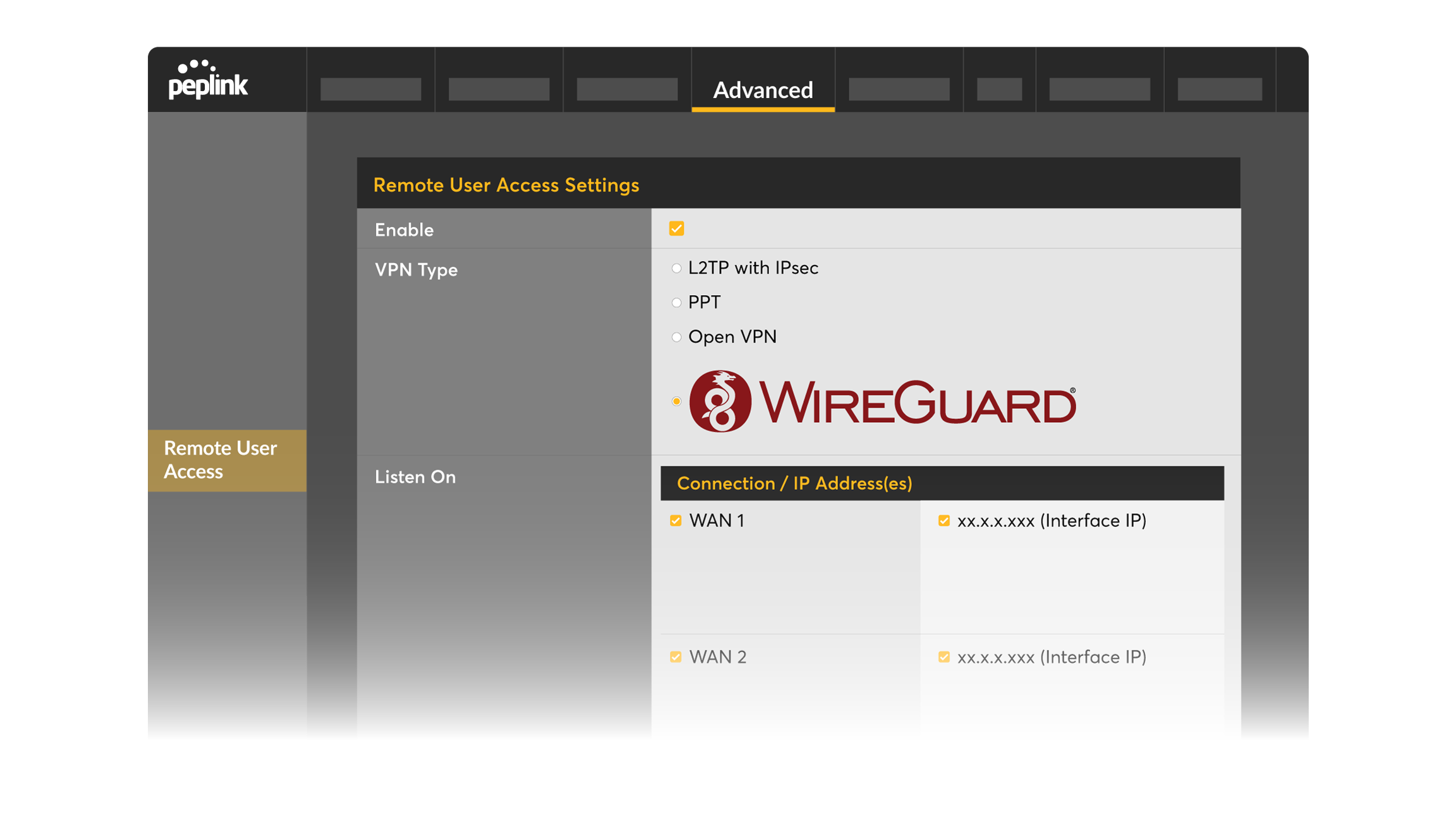 Peplink InControl remote user access settings with WireGuard VPN option selected.