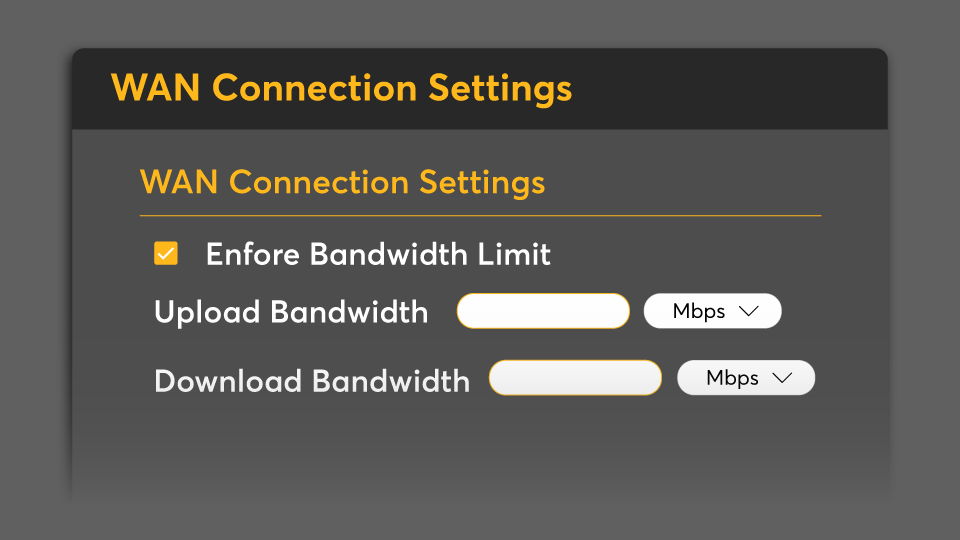 Peplink WAN connection settings with upload and download bandwidth limits enabled.