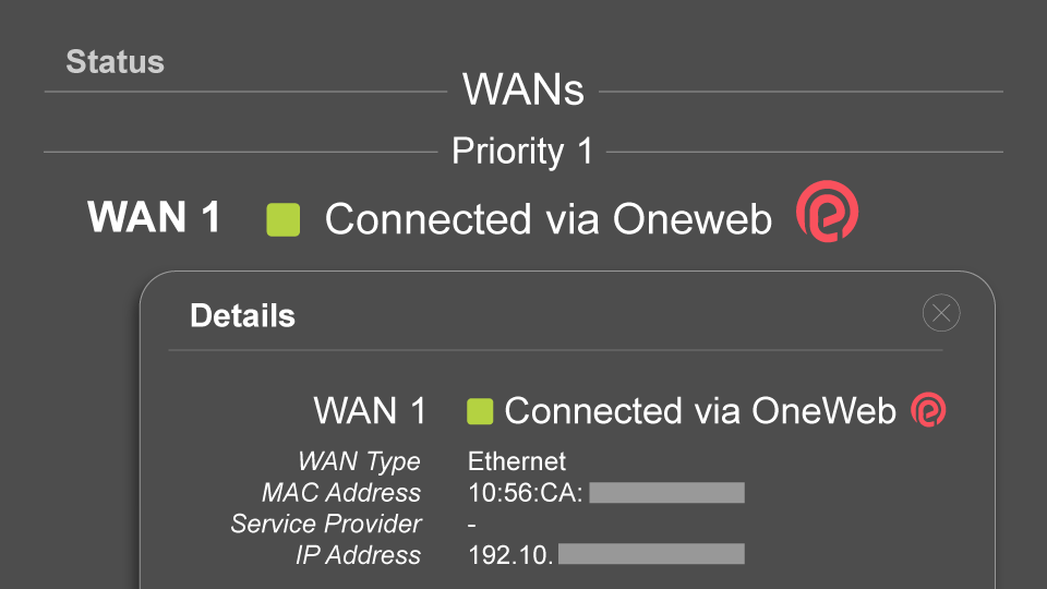 Peplink dashboard showing WAN 1 connected via OneWeb with connection details expanded.