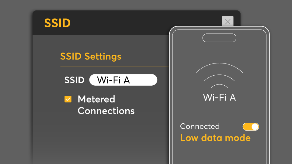 Peplink SSID settings with metered connections enabled and low data mode active.