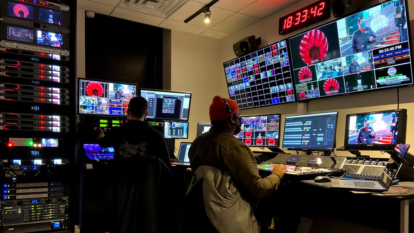 Broadcast production control room with multiple screens representing Peplink live events and broadcast connectivity.