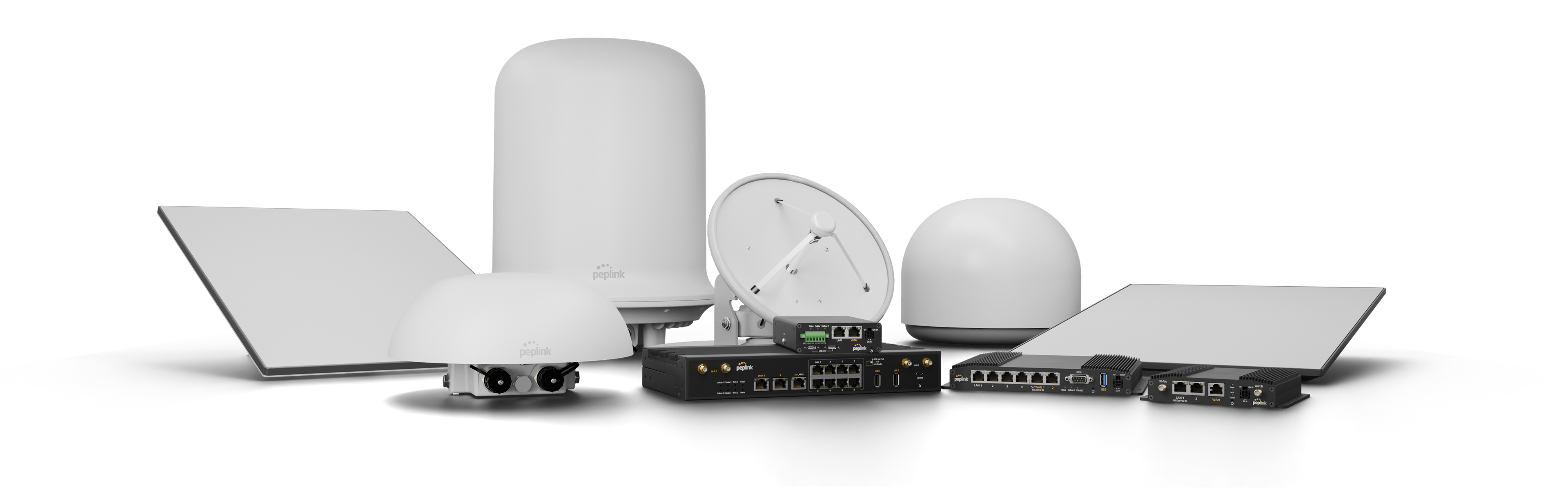 Peplink product lineup including routers, satellites and antennas for mobile bandwidth bonding.