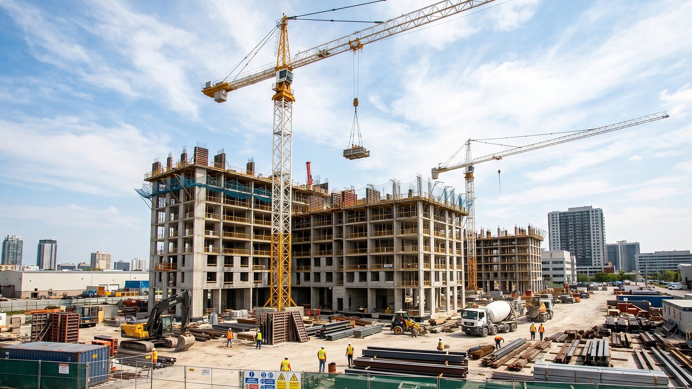  Construction site with tower cranes representing Peplink connectivity for remote and construction sites.