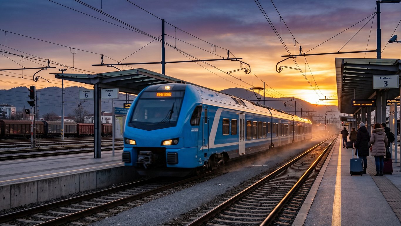 Passenger train arriving at a station at sunset representing Peplink transportation connectivity.