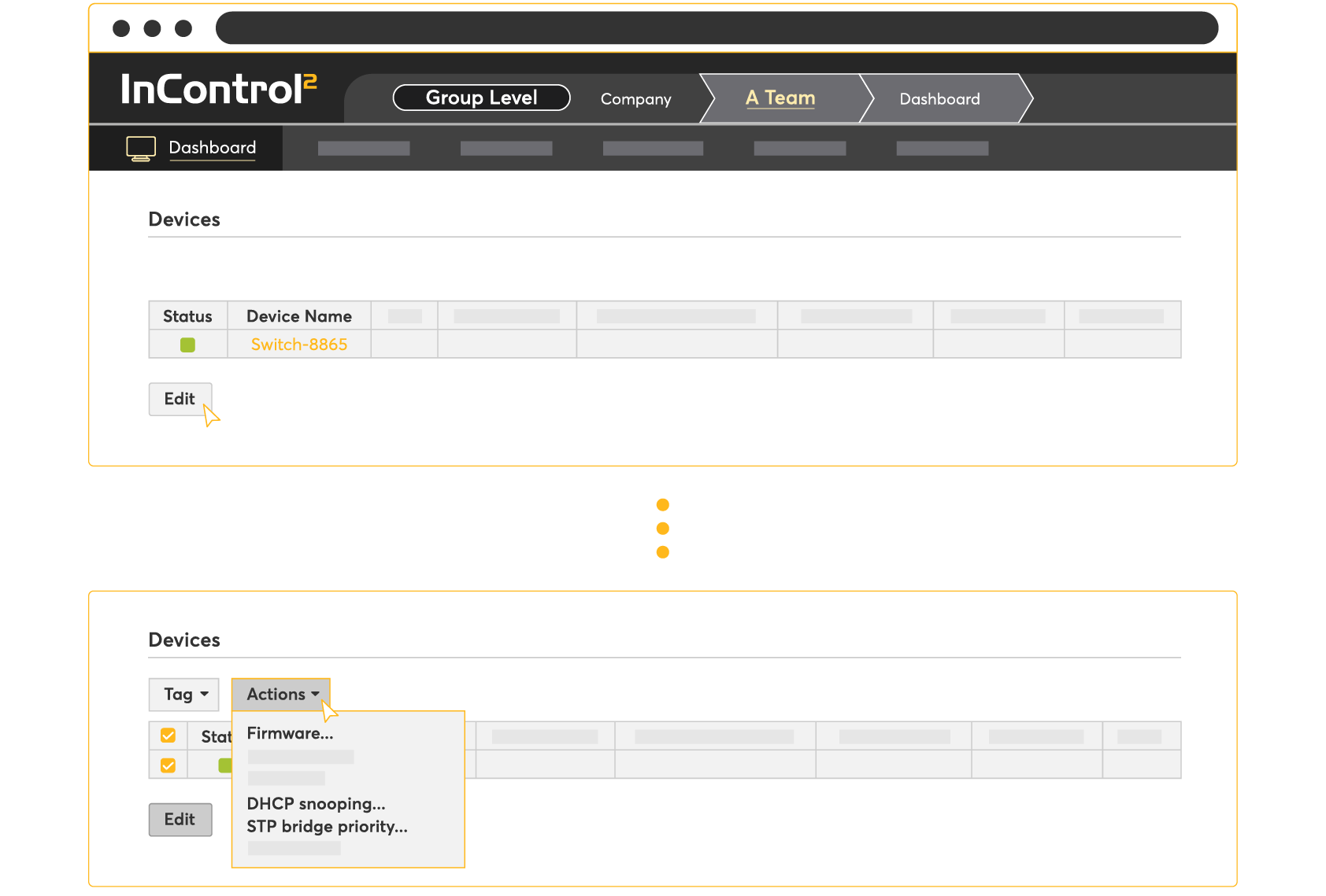 Check the box next to the switch and click “Actions” to change the device’s
settings