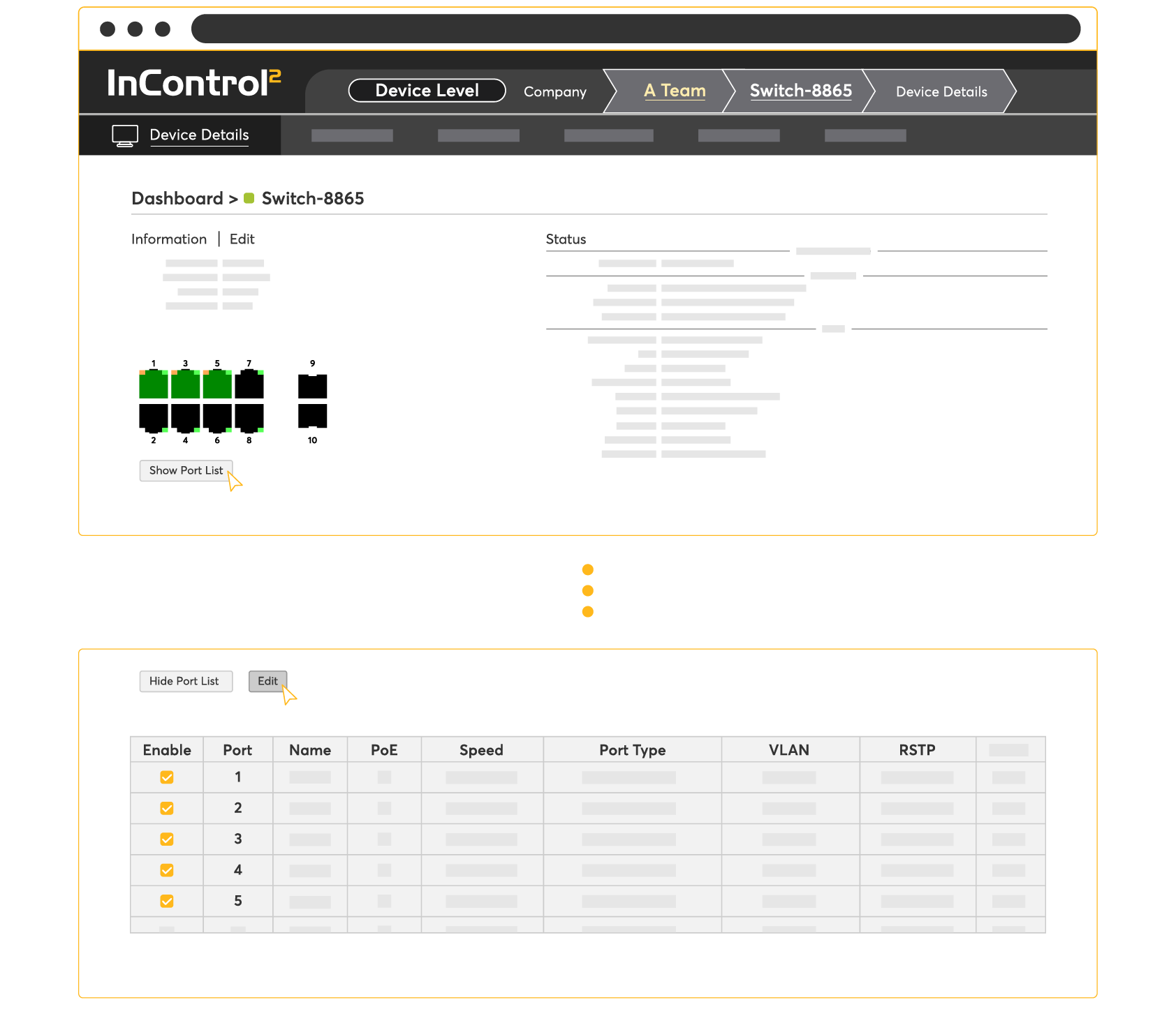 Check the box next to the switch and click “Actions” to change the device’s
settings