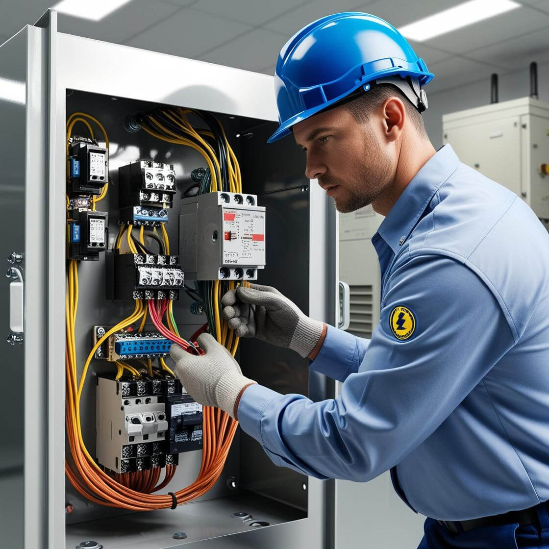 Technician repairing a 400 amp Automatic Transfer Switch.