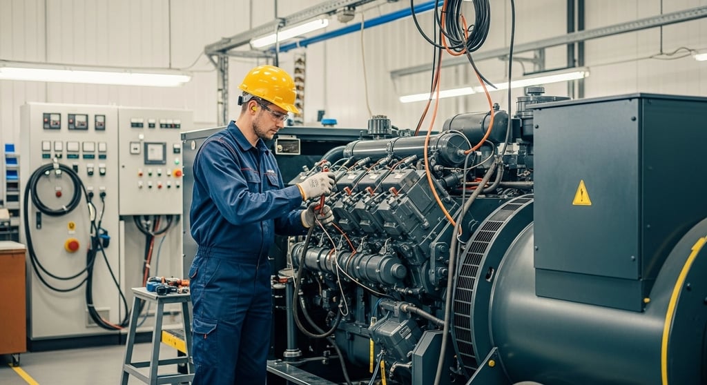 Technician performing commercial diesel generator repair service in an industrial facility.