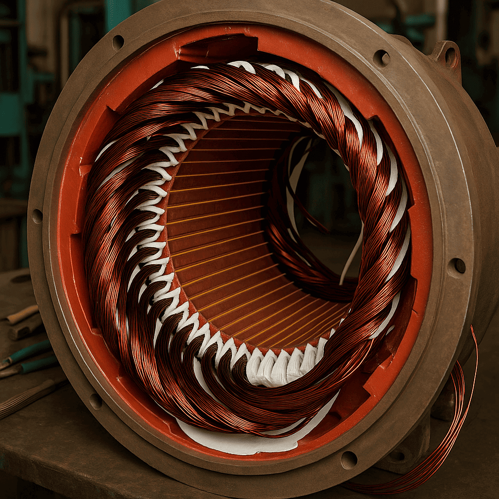 Technician working to rewind generator stator in repair workshop.