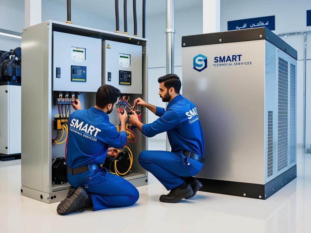 Technicians from Smart Technical Services performing repair, maintenance, and installation of an automatic transfer switch (ATS) connected to a diesel generator in a modern industrial setup.