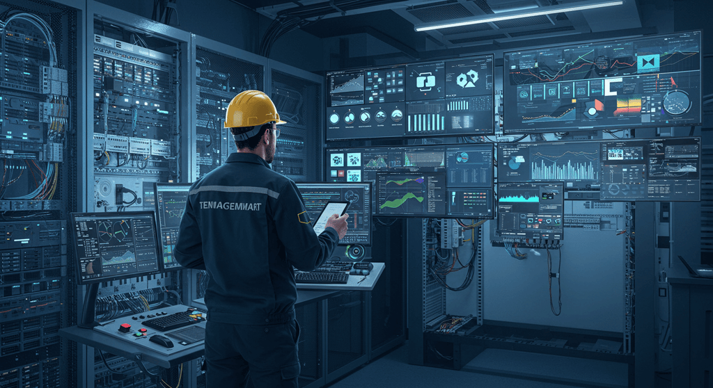 BMS technician working on a Building Management System in a modern control room with digital screens displaying HVAC, lighting, security, and energy monitoring systems.