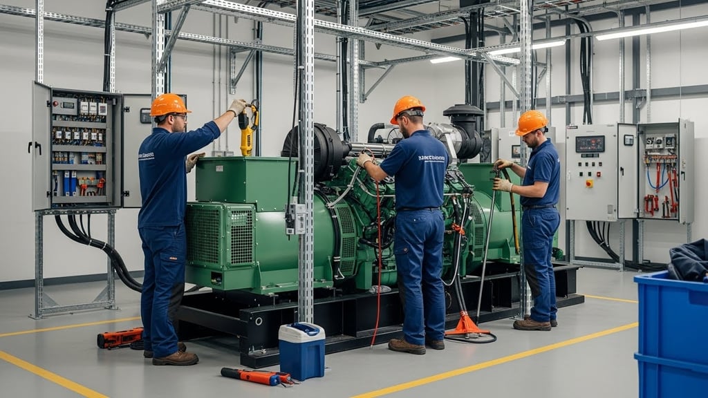 Technicians from Smart Technical Services installing a standby generator at a commercial building, ensuring safe and professional setup.